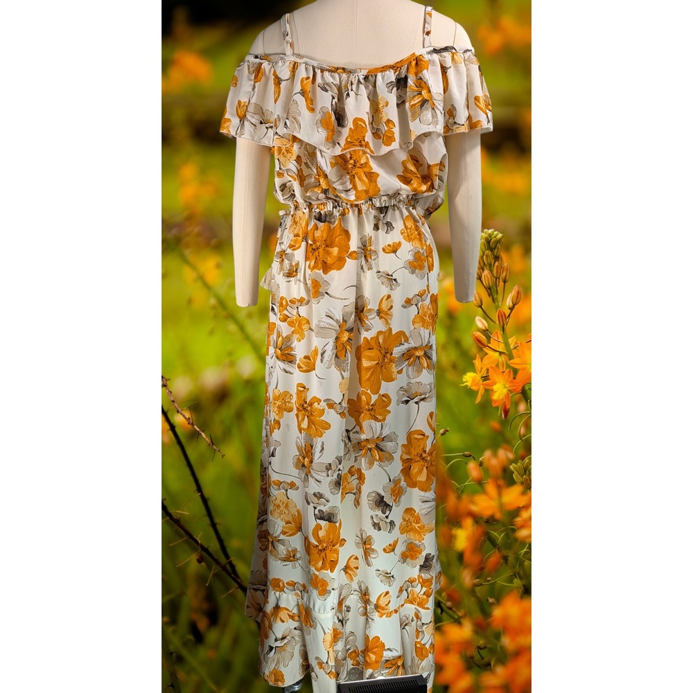Indulge In Style Women 3X Floral Shoulder Fall Maxi Dress Orange Grey High-Low